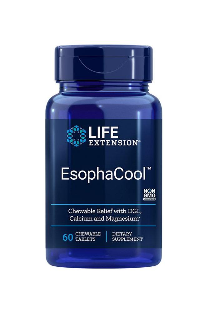 Life Extension EsophaCool dietary supplement bottle with 60 chewable tablets for digestive health