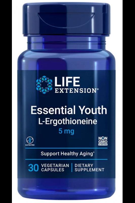 Life Extension Essential Youth L-Ergothioneine 30 vegetarian capsules for healthy aging and antioxidant support.