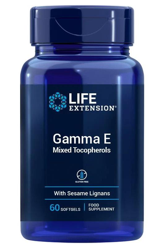 Life Extension Gamma E Mixed Tocopherols softgel supplement, 60 count for immune and heart health.