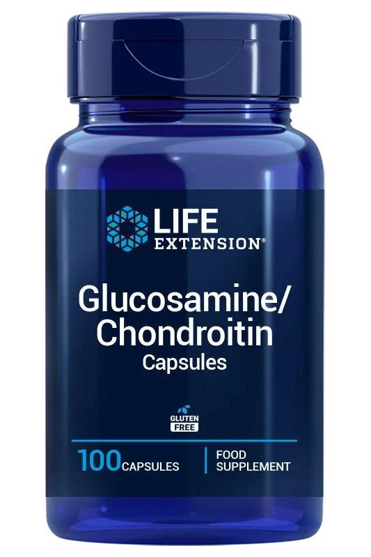 Life Extension Glucosamine/Chondroitin capsules in blue bottle, 100 count, for joint health support.