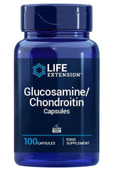 Life Extension Glucosamine/Chondroitin capsules in blue bottle, 100 count, for joint health support.