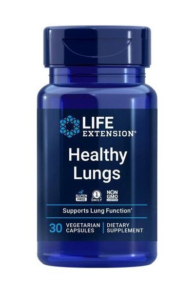 Life Extension Healthy Lungs supplement bottle, supports lung function with 30 vegetarian capsules.