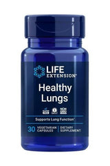 Life Extension Healthy Lungs supplement bottle, supports lung function with 30 vegetarian capsules.