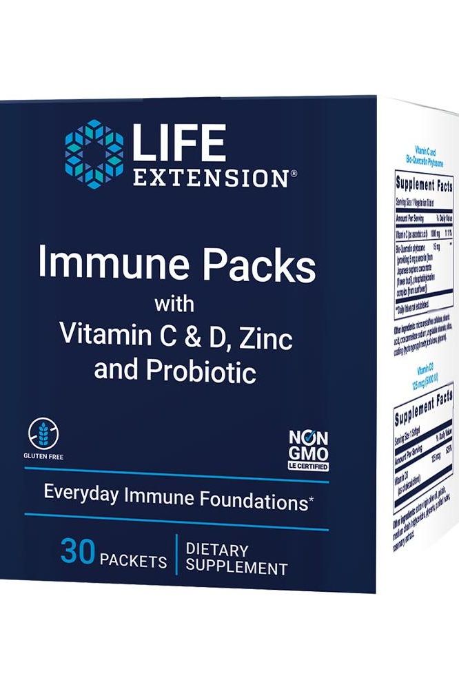Life Extension Immune Packs with Vitamin C, D, Zinc, and Probiotic, 30 dietary supplement packets.