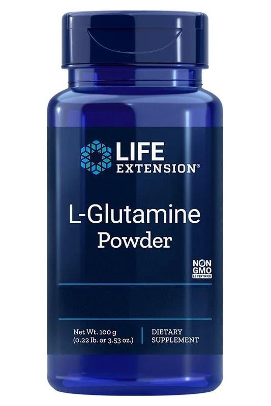 Life Extension L-Glutamine Powder 100g bottle for dietary supplement and gut health support.