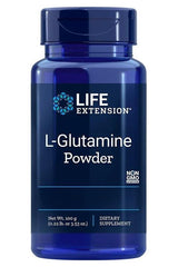 Life Extension L-Glutamine Powder 100g bottle for dietary supplement and gut health support.