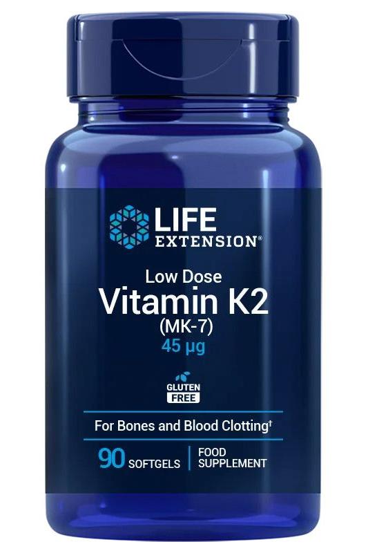 Life Extension Low-Dose Vitamin K2 45 mcg supplement, 90 softgels for heart and bone health.