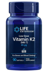 Life Extension Low-Dose Vitamin K2 45 mcg supplement, 90 softgels for heart and bone health.