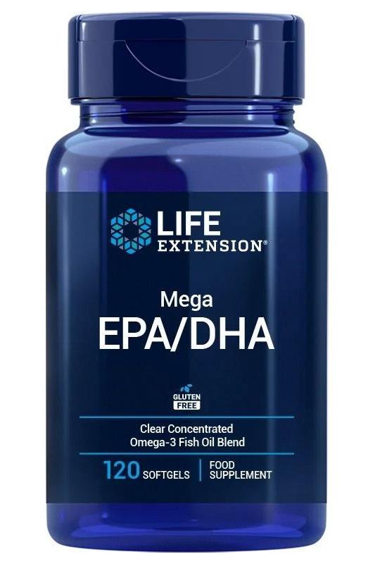 Life Extension Mega EPA/DHA fish oil supplement, 120 softgels, promotes heart and brain health, gluten-free.