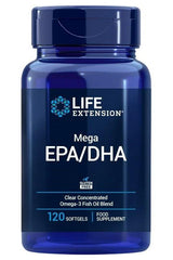 Life Extension Mega EPA/DHA fish oil supplement, 120 softgels, promotes heart and brain health, gluten-free.