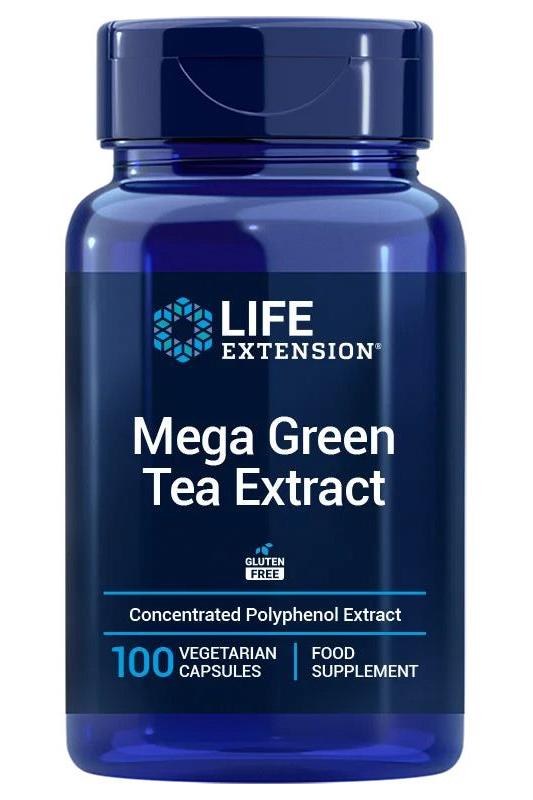 Life Extension Mega Green Tea Extract bottle with 100 vegetarian capsules, concentrated polyphenol supplement, gluten-free.