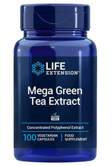 Life Extension Mega Green Tea Extract bottle with 100 vegetarian capsules, concentrated polyphenol supplement, gluten-free.