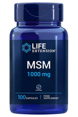 Life Extension MSM 1000 mg supplement bottle, 100 capsules for joint health and skin benefits, gluten-free.