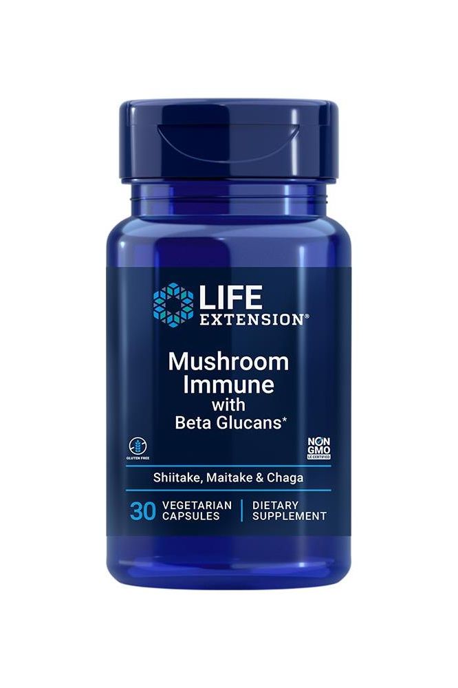 Life Extension Mushroom Immune with Beta Glucans, 30 vegetarian capsules for immune support.