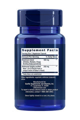 Life Extension Mushroom Immune supplement facts label showing ingredients and serving size on a blue bottle.