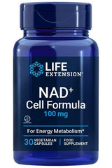 Life Extension NAD+ Cell Formula 100 mg, 30 vegetarian capsules for energy metabolism supplement.