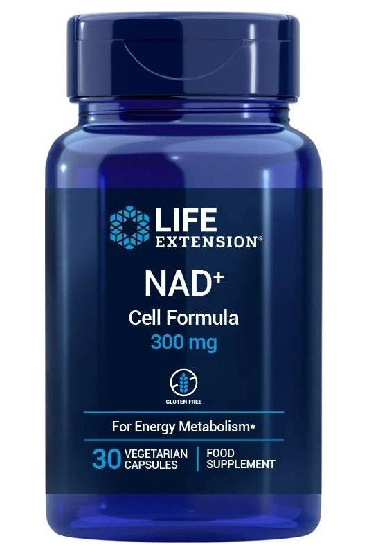 Life Extension NAD+ Cell Formula 300 mg supplement bottle, 30 vegetarian capsules for energy metabolism. Life Extension NAD+ Cell Formula 300 mg supplement bottle, 30 vegetarian capsules for energy metabolism.