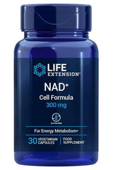 Life Extension NAD+ Cell Formula 300 mg supplement bottle, 30 vegetarian capsules for energy metabolism.