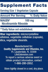 Supplement facts for Life Extension NAD+ Cell Regenerator showing 100 mg Niagen per capsule.