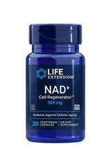 Life Extension NAD+ Cell Regenerator 300 mg dietary supplement in a blue bottle with 30 vegetarian capsules.