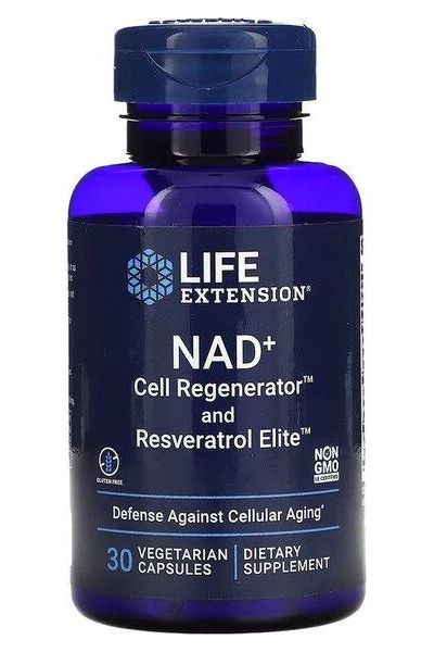 Life Extension NAD+ Cell Regenerator and Resveratrol Elite dietary supplement, 30 vegetarian capsules for cellular health.