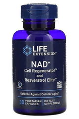 Life Extension NAD+ Cell Regenerator and Resveratrol Elite dietary supplement, 30 vegetarian capsules for cellular health.