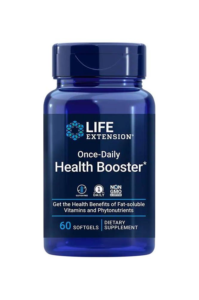 Life Extension Once-Daily Health Booster softgel bottle, 60 count, supports health with vitamins and nutrients.
