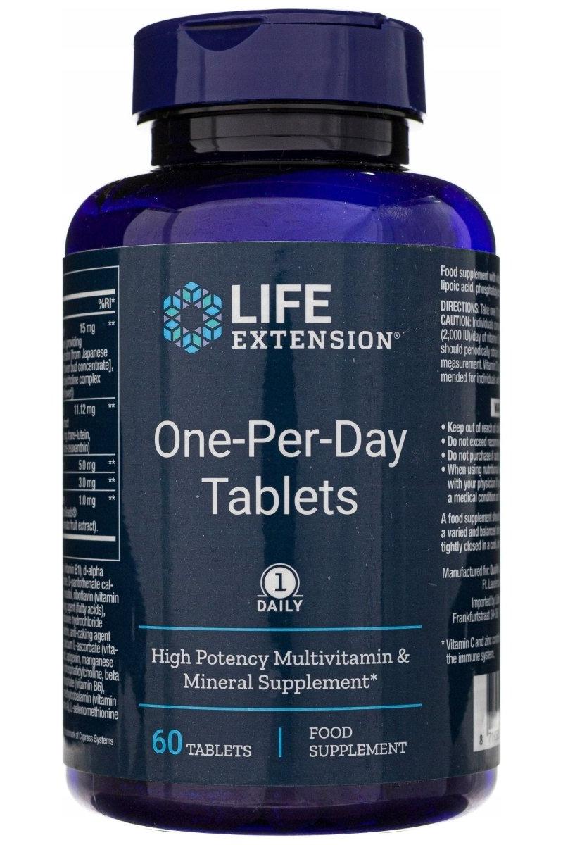 Life Extension One-Per-Day Tablets bottle, high potency multivitamin supplement, 60 tablets for daily use.