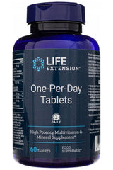 Life Extension One-Per-Day Tablets bottle, high potency multivitamin supplement, 60 tablets for daily use.