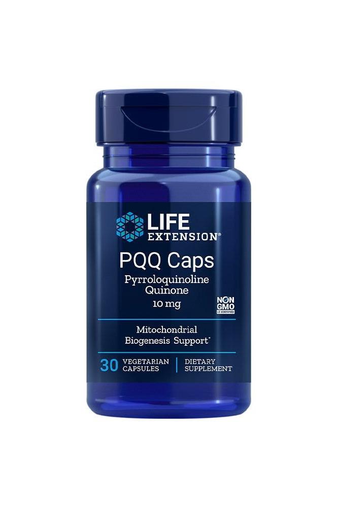 Life Extension PQQ Caps 10 mg, 30 vegetarian capsules for mitochondrial biogenesis support and cellular health.