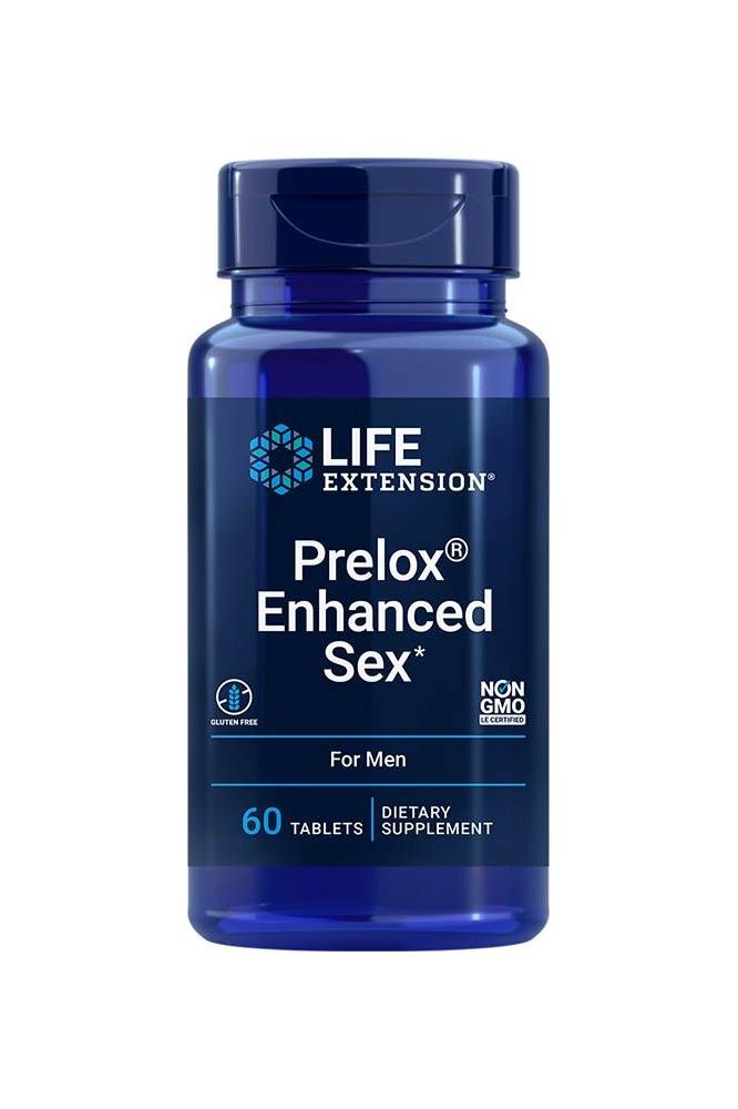 Life Extension Prelox Enhanced Sex for Men dietary supplement bottle with 60 tablets for improved male sexual health.