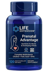 Life Extension Prenatal Advantage softgels, complete multivitamin for moms and infants, 120 count, non-GMO and gluten-free.