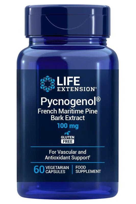 Life Extension Pycnogenol 100 mg dietary supplement bottle for vascular and antioxidant support, 60 vegetarian capsules.