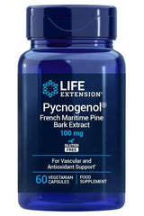 Life Extension Pycnogenol 100 mg dietary supplement bottle for vascular and antioxidant support, 60 vegetarian capsules.