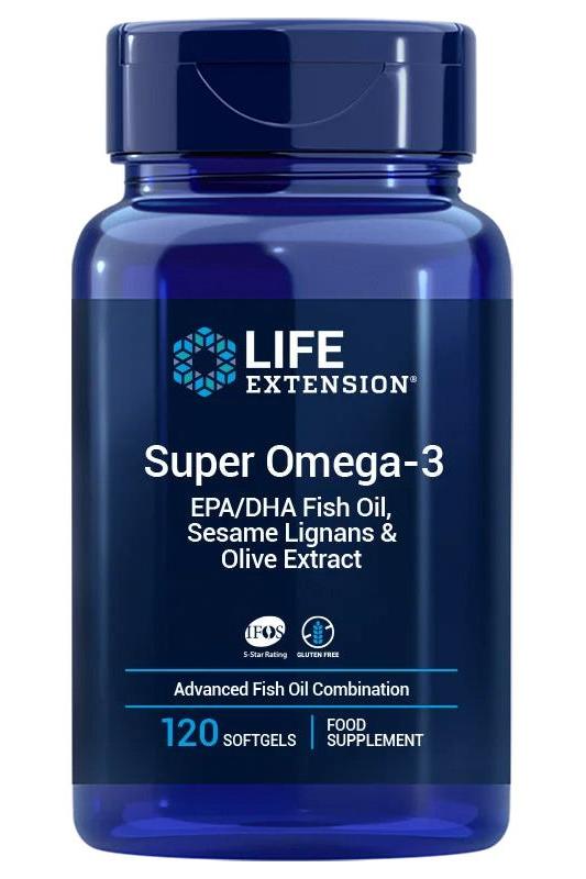 Life Extension Super Omega-3 softgel bottle featuring EPA/DHA, sesame lignans, and olive extract.