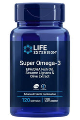 Life Extension Super Omega-3 softgel bottle featuring EPA/DHA, sesame lignans, and olive extract.