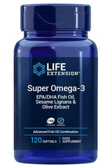 Life Extension Super Omega-3 softgel bottle featuring EPA/DHA, sesame lignans, and olive extract.