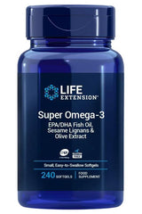 Life Extension Super Omega-3 supplement for heart and brain health, features EPA/DHA fish oil, sesame lignans, olive extract.