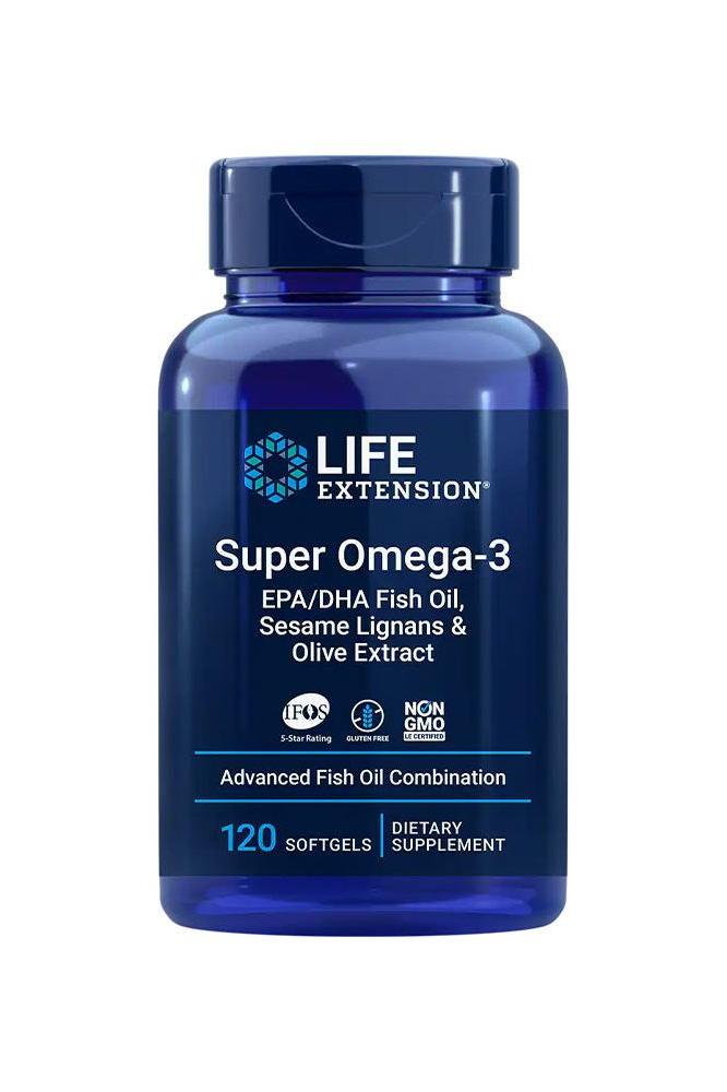 Life Extension Super Omega-3 Plus EPA/DHA fish oil supplement with sesame lignans and olive extract in blue bottle.