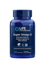 Life Extension Super Omega-3 Plus EPA/DHA fish oil supplement with sesame lignans and olive extract in blue bottle.