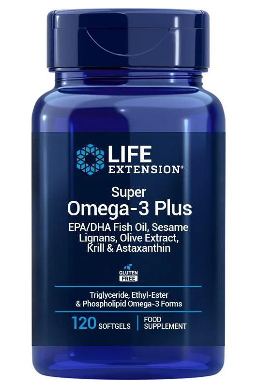 Life Extension Super Omega-3 Plus supplement bottle with EPA/DHA, sesame lignans, and krill, 120 softgels.