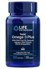 Life Extension Super Omega-3 Plus supplement bottle with EPA/DHA, sesame lignans, and krill, 120 softgels.