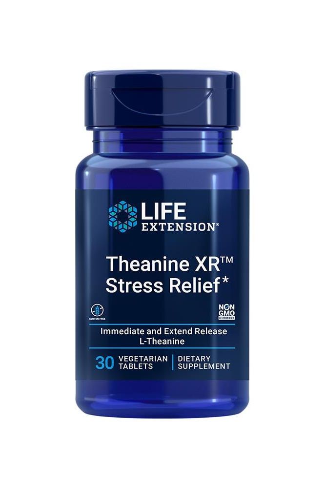 Life Extension Theanine XR Stress Relief supplement bottle with 30 vegetarian tablets for stress management.