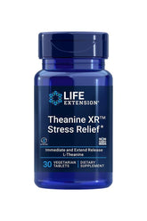 Life Extension Theanine XR Stress Relief supplement bottle with 30 vegetarian tablets for stress management.