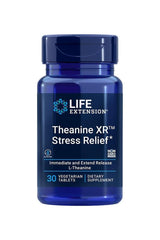 Life Extension Theanine XR Stress Relief supplement bottle with 30 vegetarian tablets for stress management.