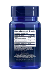Supplement facts label for Life Extension Theanine XR Stress Relief, detailing ingredients and serving size.