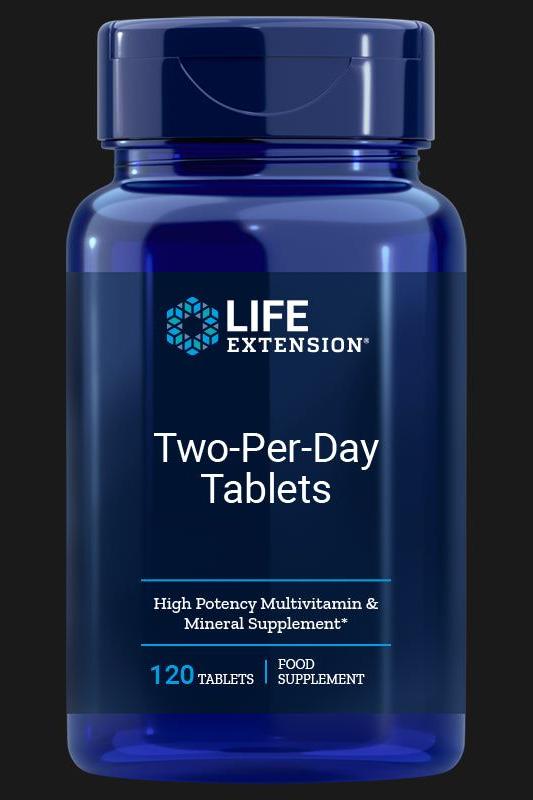 Life Extension Two-Per-Day Tablets bottle, high potency multivitamin and mineral supplement, 120 tablets.