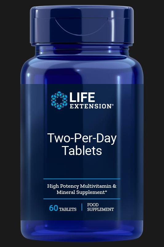 Life Extension Two-Per-Day Tablets, high potency multivitamin and mineral supplement, 60 tablets.