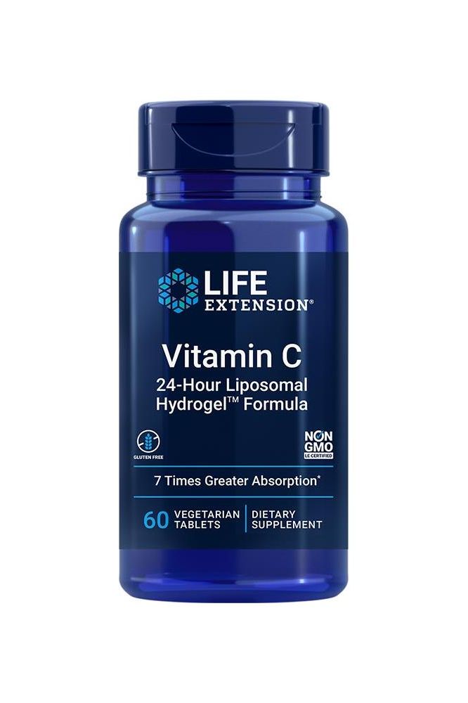 Life Extension Vitamin C 24-Hour Liposomal Hydrogel Formula in blue bottle, 60 vegetarian tablets for enhanced absorption.