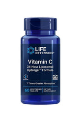 Life Extension Vitamin C 24-Hour Liposomal Hydrogel Formula in blue bottle, 60 vegetarian tablets for enhanced absorption.
